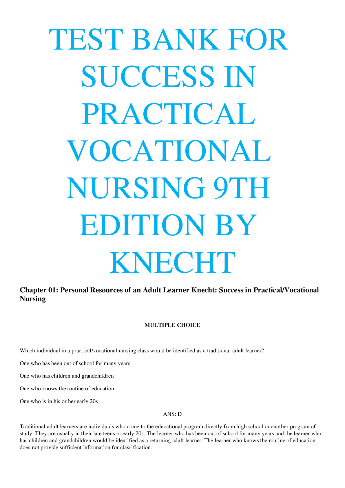 Preview image for TEST BANK FOR SUCCESS IN PRACTICAL VOCATIONAL NURSING 9TH EDITION BY KNECHT